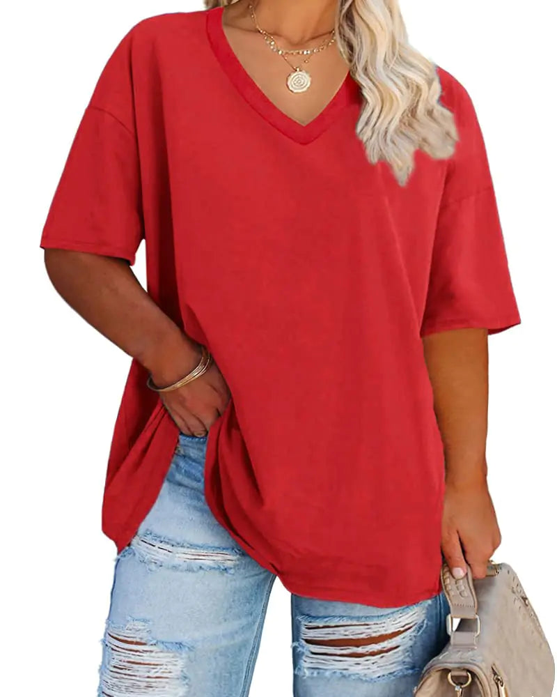 Women's Plus Size V Neck T Shirts Summer Half Sleeve Tees Casual Loose Fit Cotton Tunic Tops XX-Large Plus Khaki