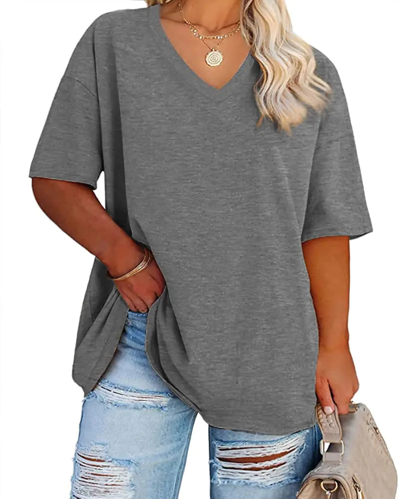 Women's Plus Size V Neck T Shirts Summer Half Sleeve Tees Casual Loose Fit Cotton Tunic Tops XX-Large Plus Khaki