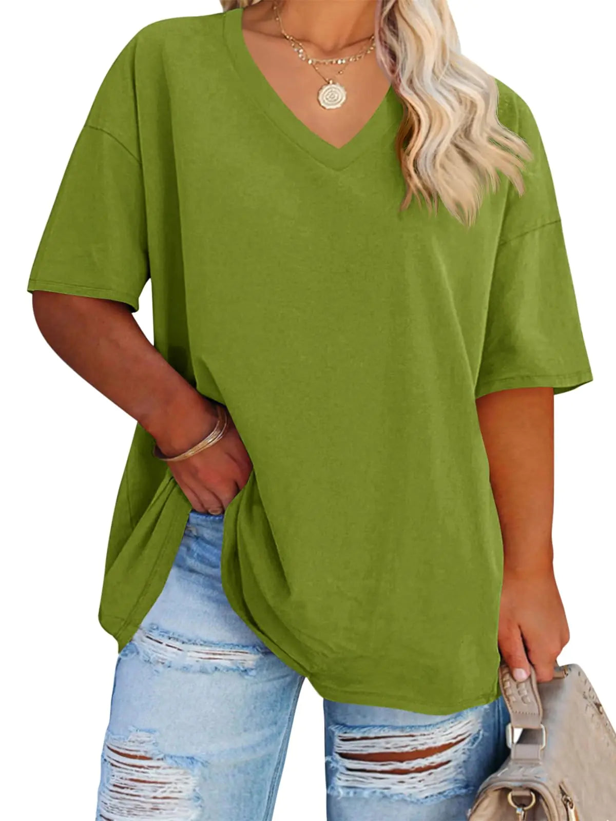 Women's Plus Size V Neck T Shirts Summer Half Sleeve Tees Casual Loose Fit Cotton Tunic Tops XX-Large Plus Khaki