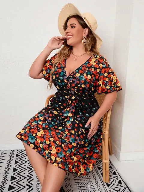 Plus Size Midi Floral Print Yellow Dress