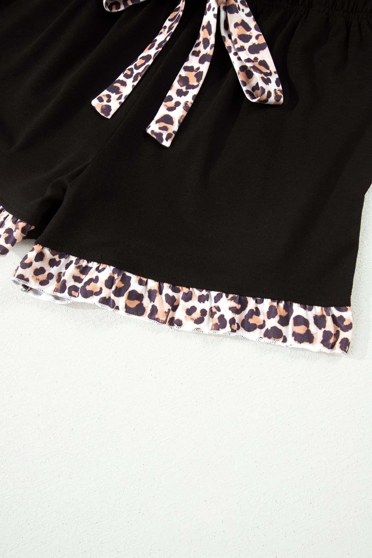 Black Leopard Patchwork Trim Lapel Shirt Drawstring Shorts 2pcs Pajama Set