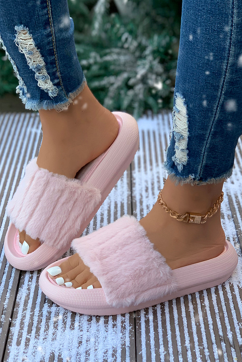 Pink Comfy Plush Band Open Toe Slippers