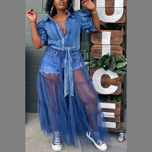 Mesh Patchwork Long Denim Dress