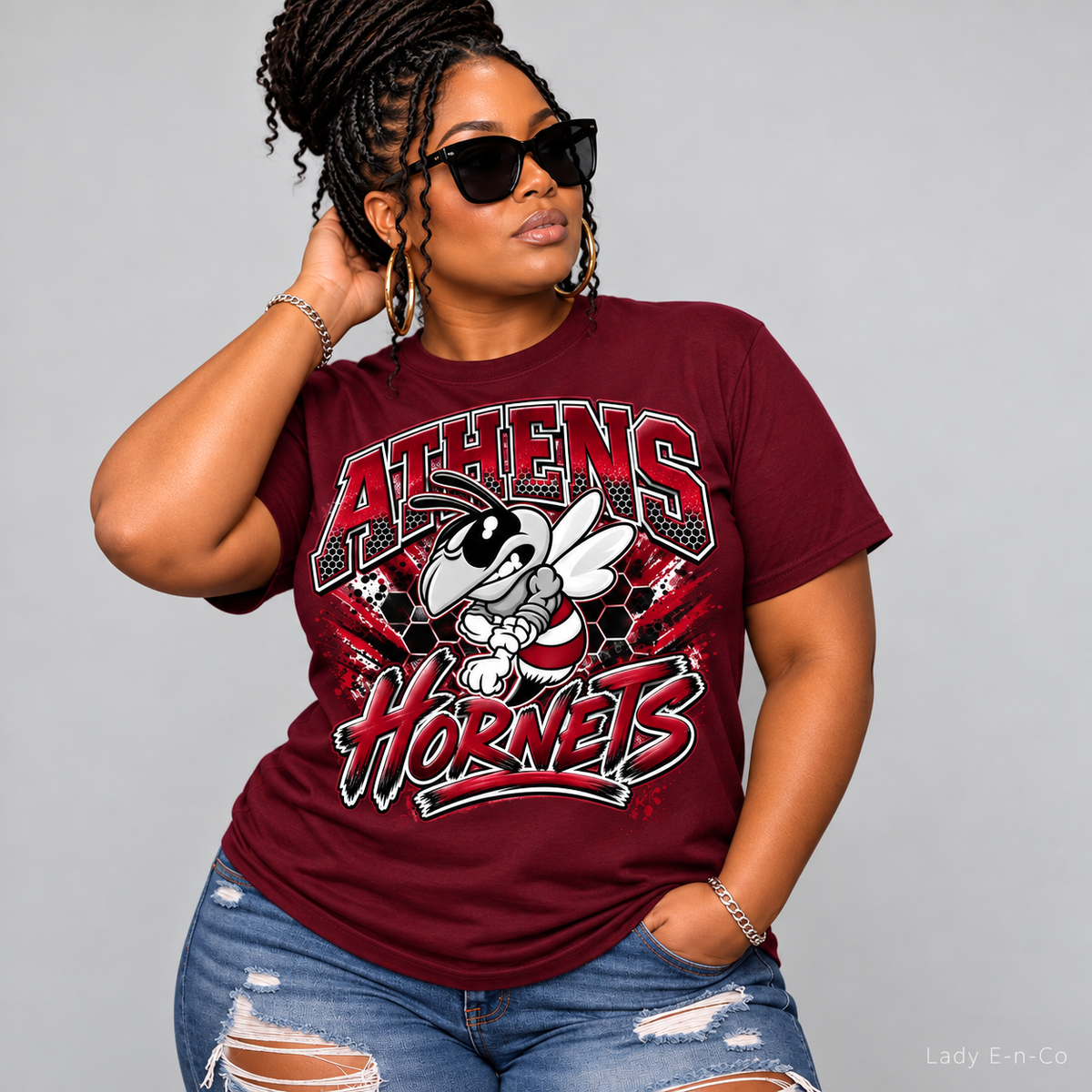 Model wearing Athens Hornets School Spirit Tee in burgundy