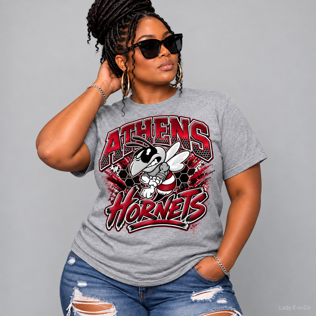 Model wearing Athens Hornets School Spirit Tee in gray