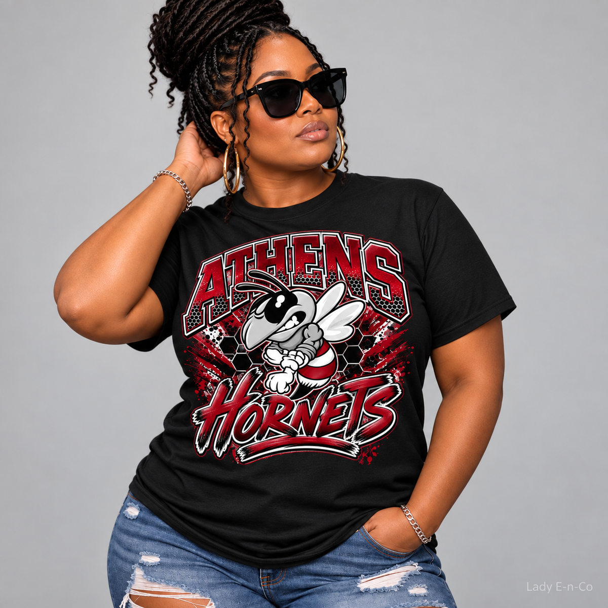 Model wearing Athens Hornets School Spirit Tee in black