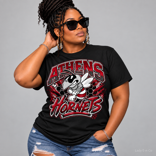 Model wearing Athens Hornets School Spirit Tee in black