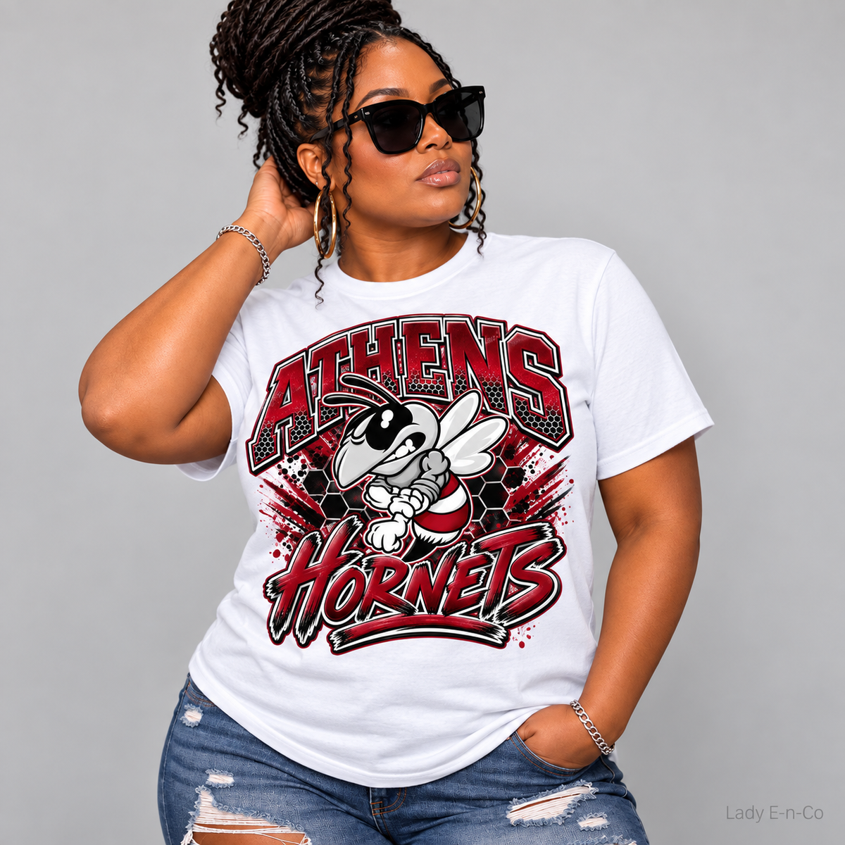 Model wearing Athens Hornets School Spirit Tee in white