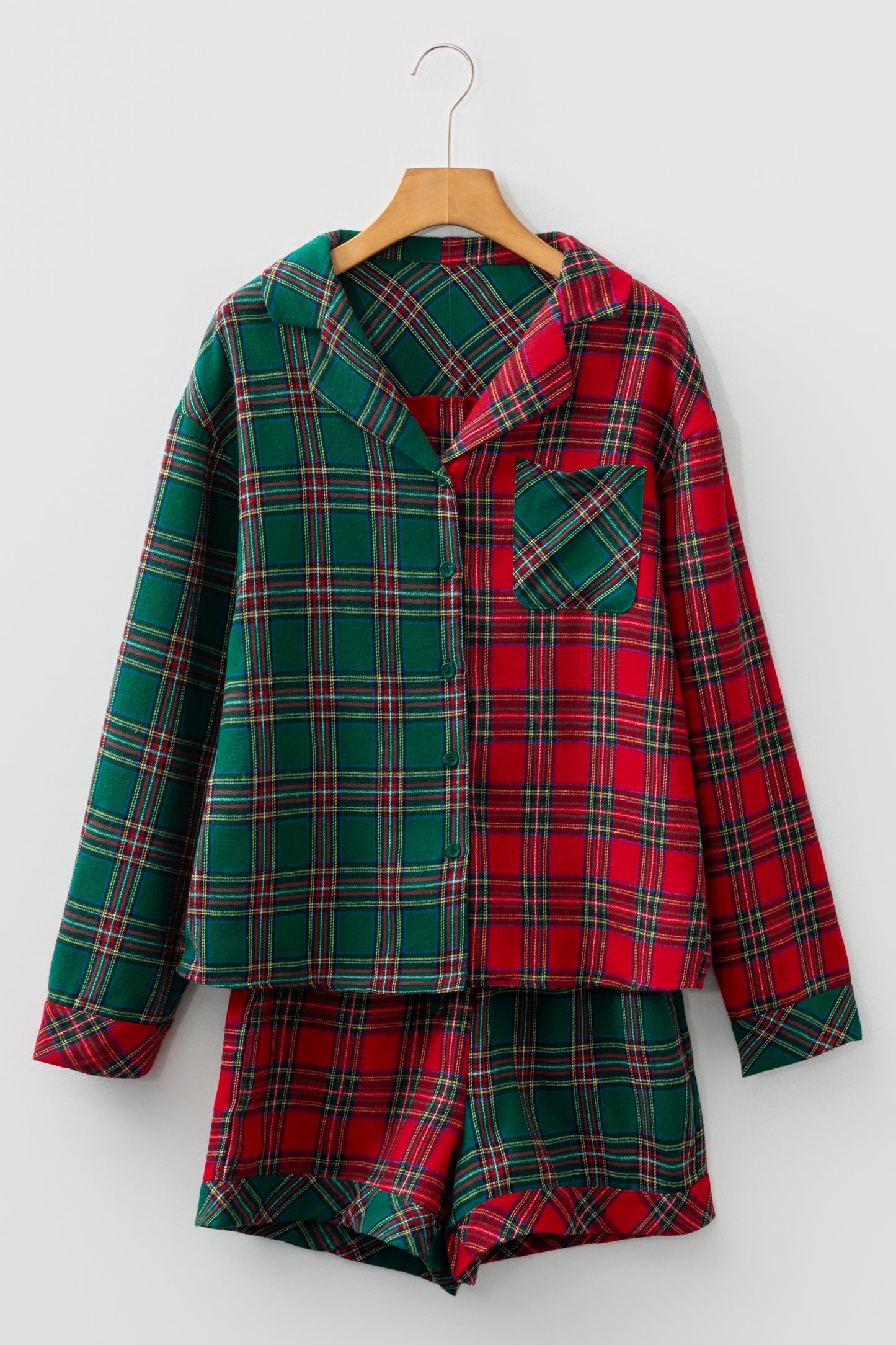 Green Plaid Christmas Holiday Patchwork Long Sleeve Shirt and Shorts Pajama Set