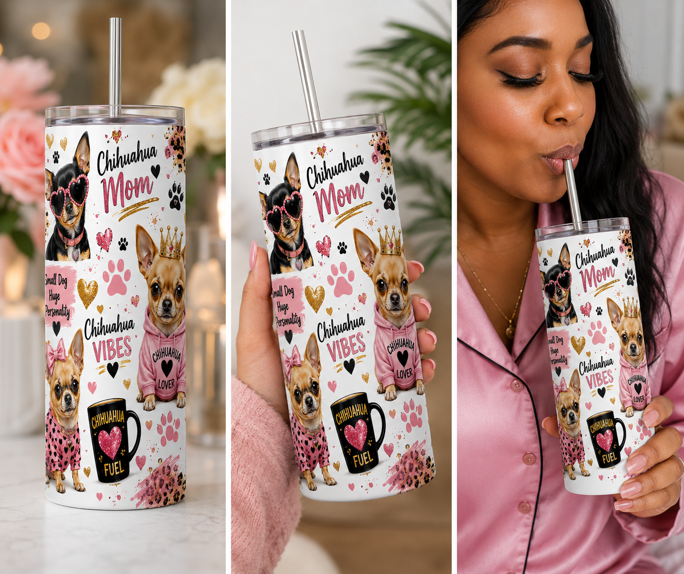 Chihuahua Mom Glitter Hearts 20oz Skinny Tumbler with Metal Straw