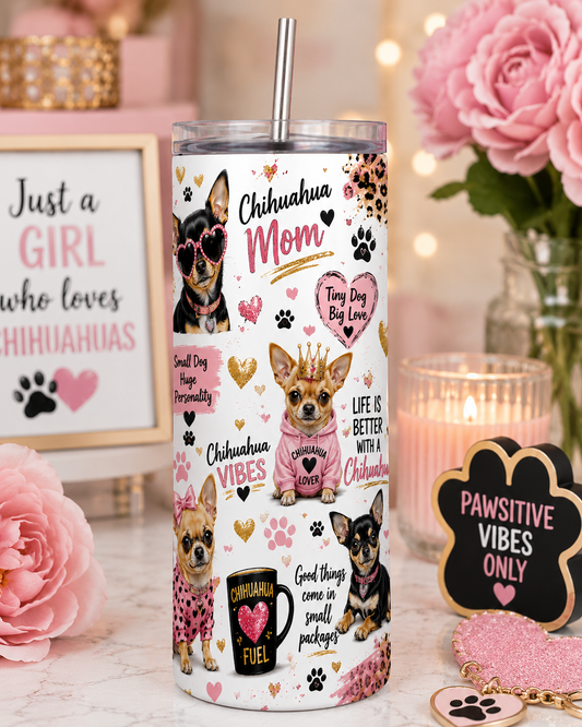 Chihuahua Mom Glitter Hearts 20oz Skinny Tumbler with Metal Straw