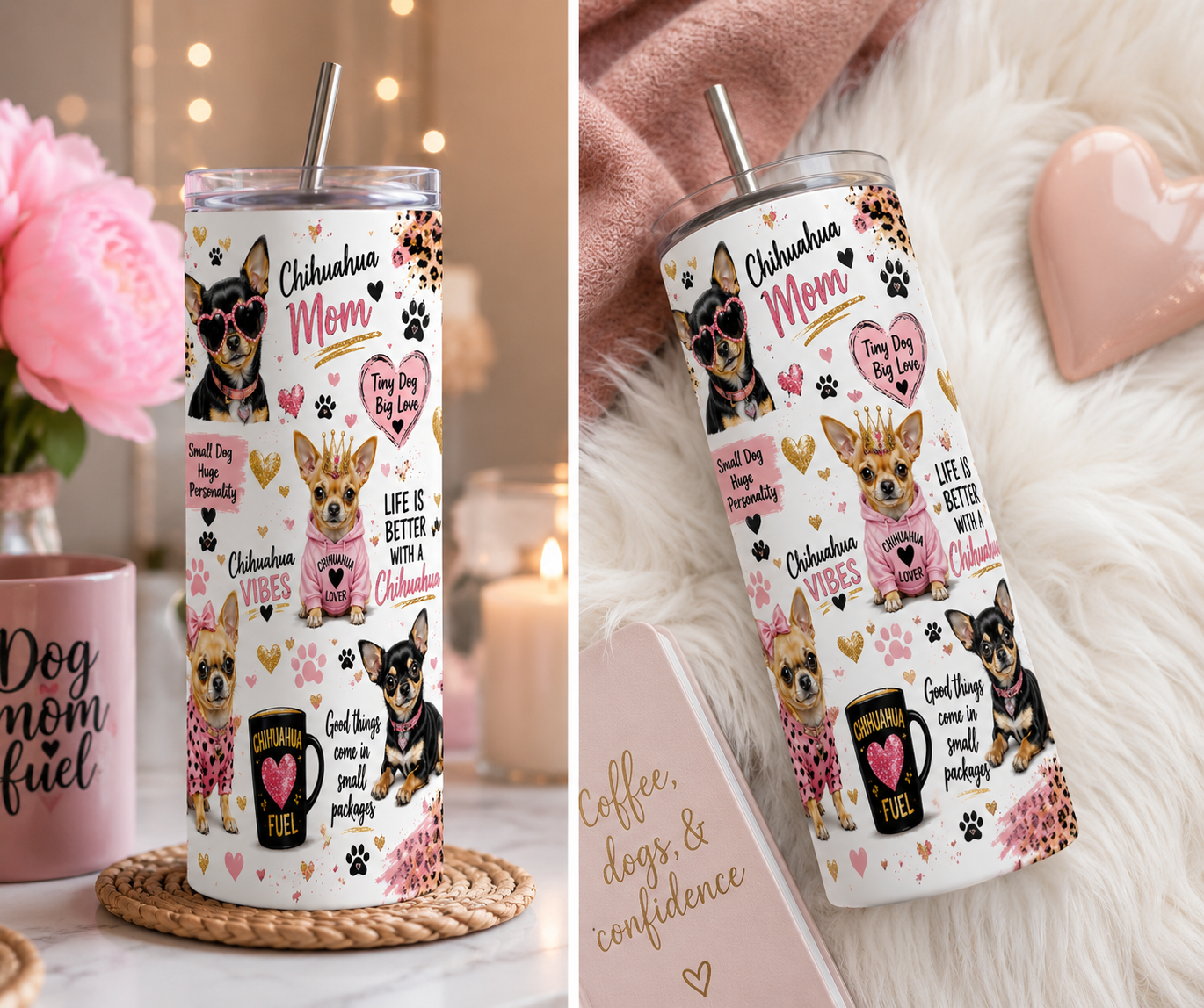 Chihuahua Mom Glitter Hearts 20oz Skinny Tumbler with Metal Straw
