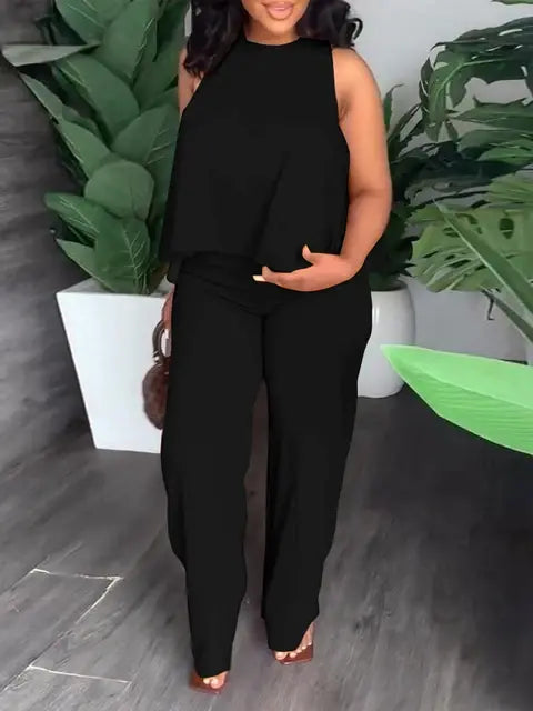 Plus Size Women's Solid Round Neck Tank Top & Pants 2 Piece Set