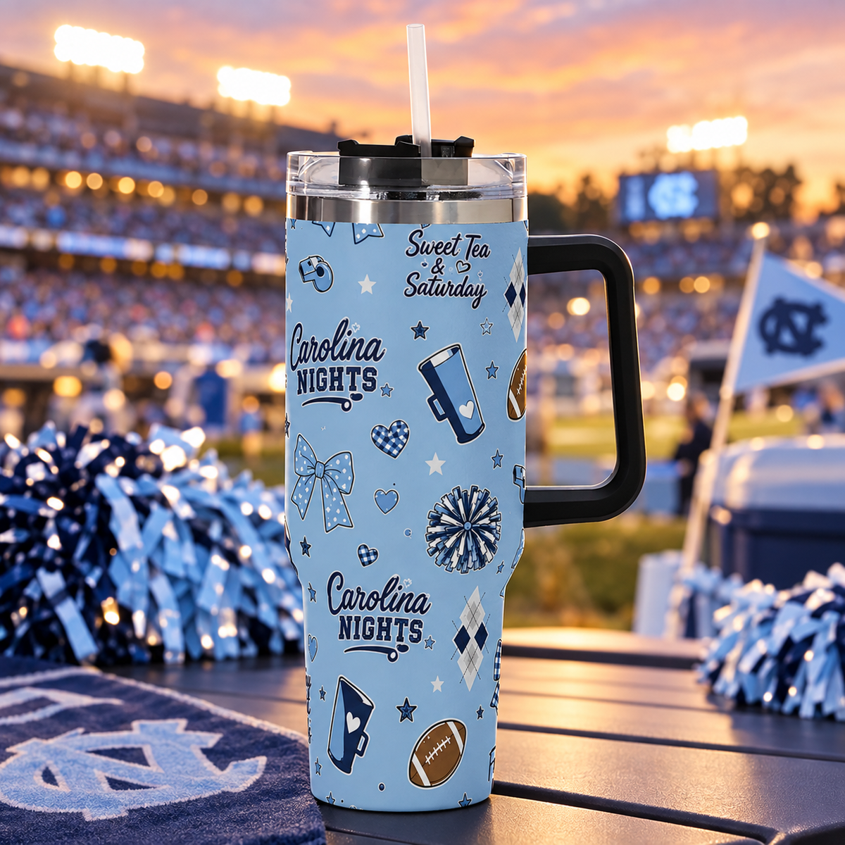 Carolina Nights Game Day 40oz Stainless Steel Tumbler with Handle & Straw