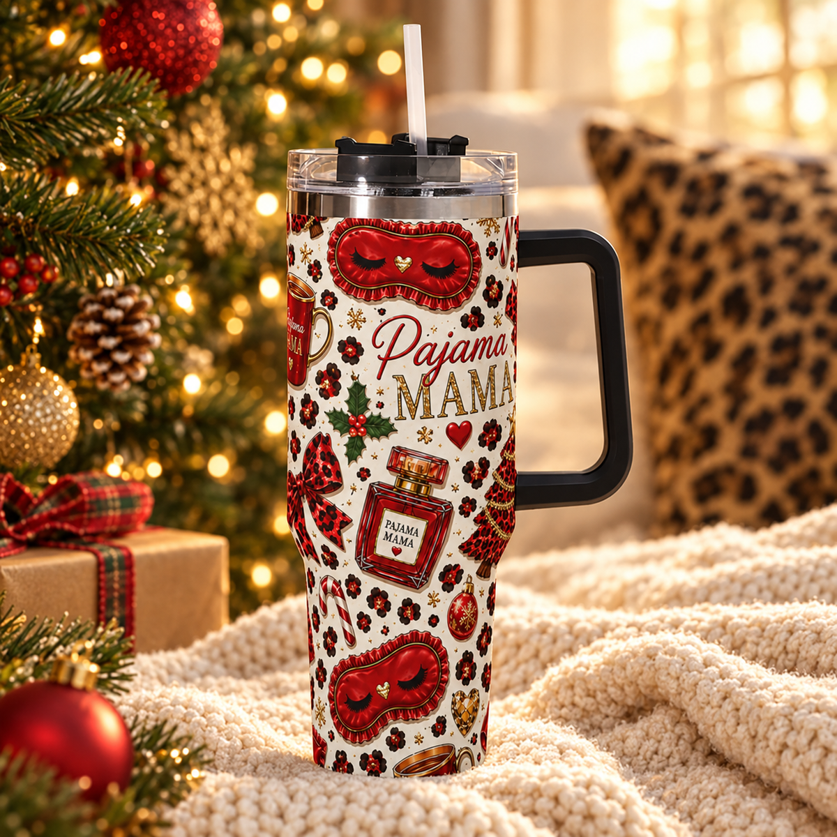 Pajama Mama Leopard Christmas 40oz Stainless Steel Tumbler with Handle & Straw