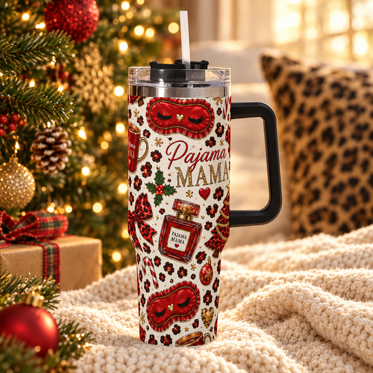 Pajama Mama Leopard Christmas 40oz Stainless Steel Tumbler with Handle & Straw