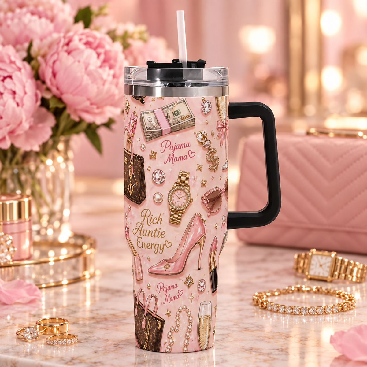 Rich Auntie Energy 40oz Stainless Steel Tumbler with Handle & Straw