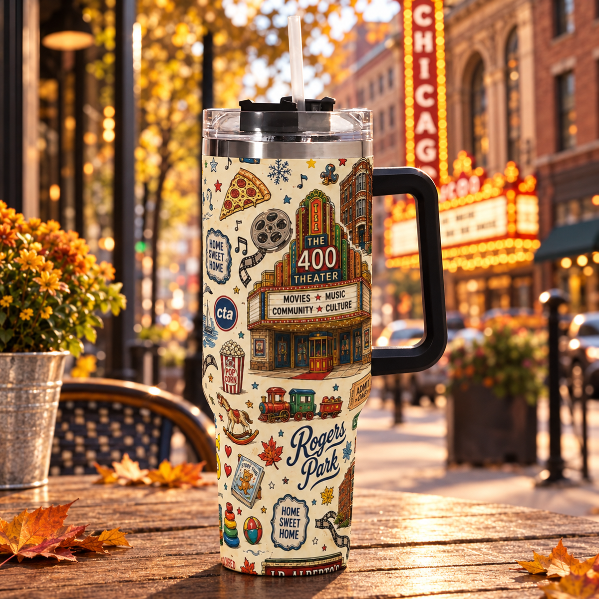 Rogers Park Chicago 40oz Stainless Steel Tumbler with Handle & Straw
