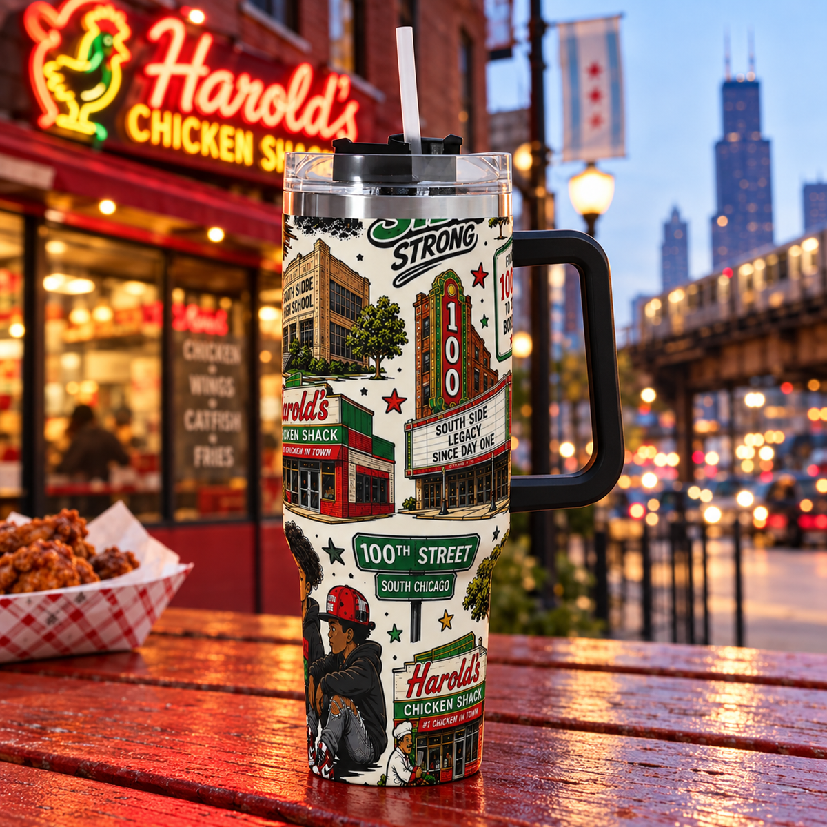 100th Street South Chicago 40oz Stainless Steel Tumbler with Handle & Straw