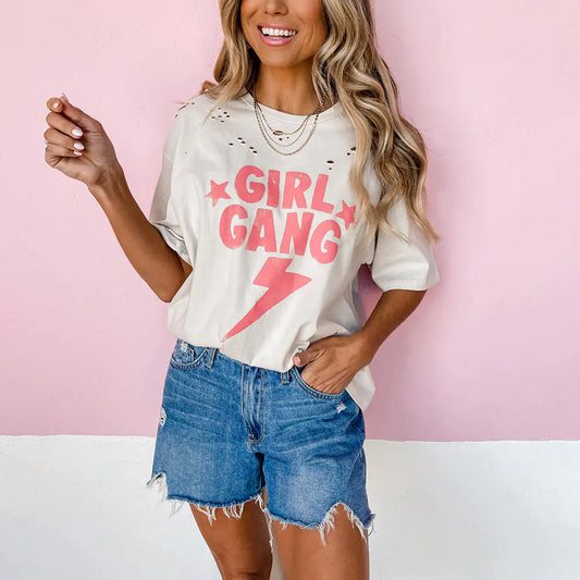 Casual Ripped Short-Sleeve T-Shirt with Letter Print