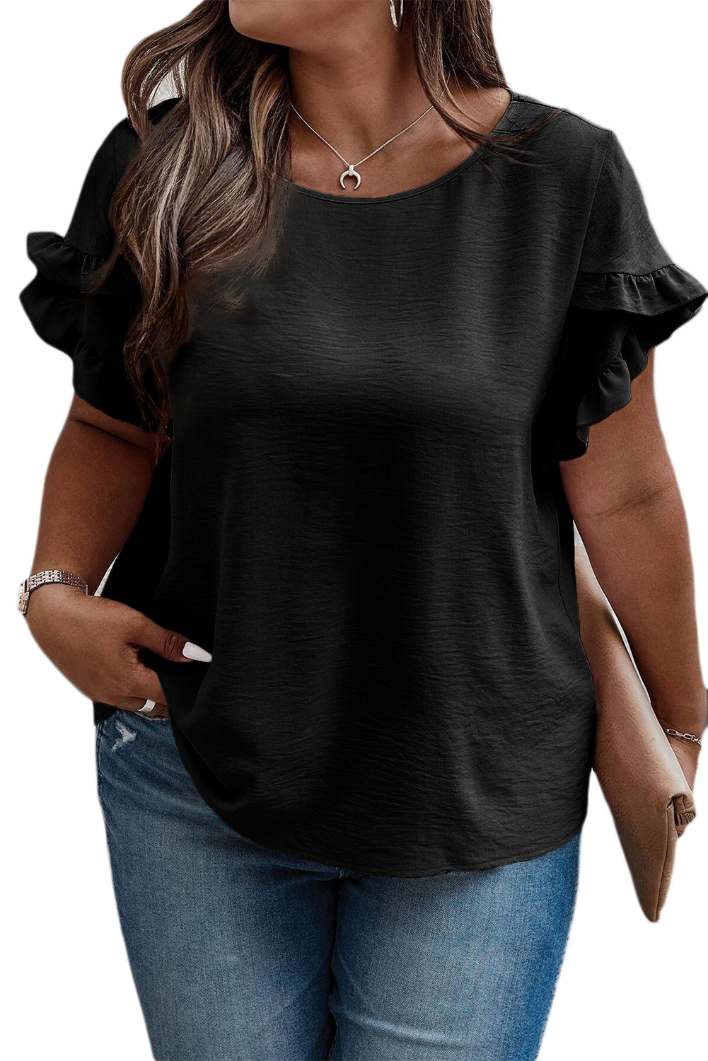 Light French Beige Ruffled Short Sleeve Plus Size Top