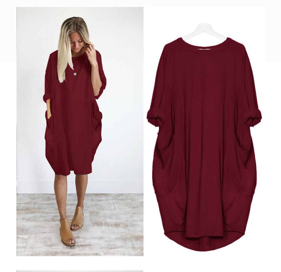 Chic Solid Round Neck Pocket Dress