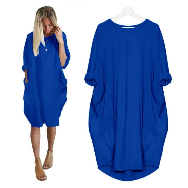 Chic Solid Round Neck Pocket Dress