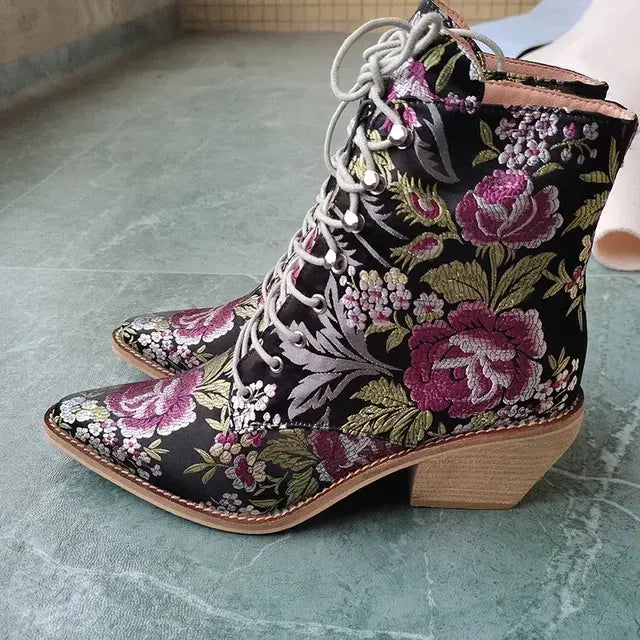 Women's Victorian Embroidered Flowers Blue Boots