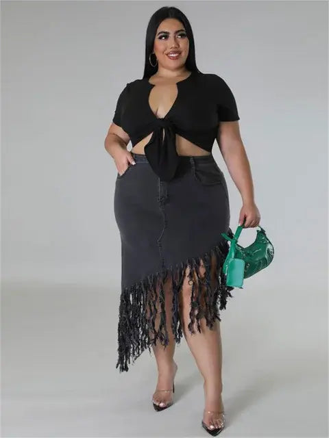 Plus Size Women's Denim Maxi with Tassels
