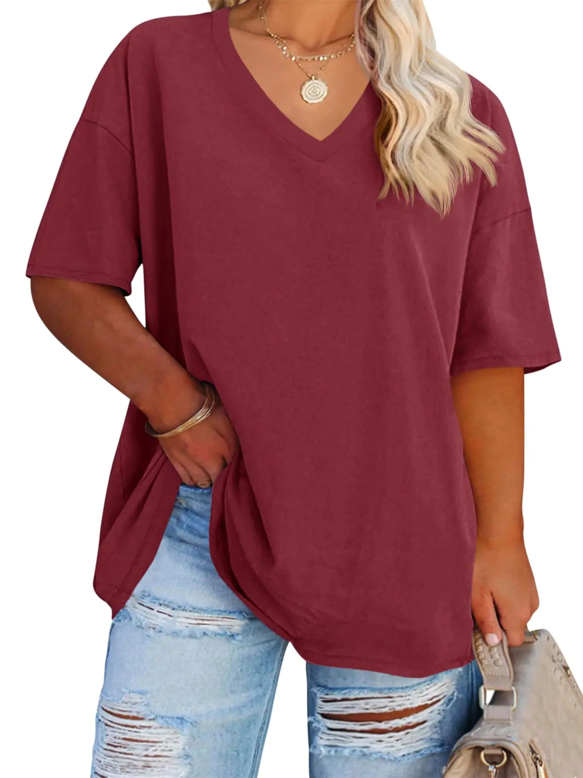 Women's Plus Size V Neck T Shirts Summer Half Sleeve Tees Casual Loose Fit Cotton Tunic Tops XX-Large Plus Khaki