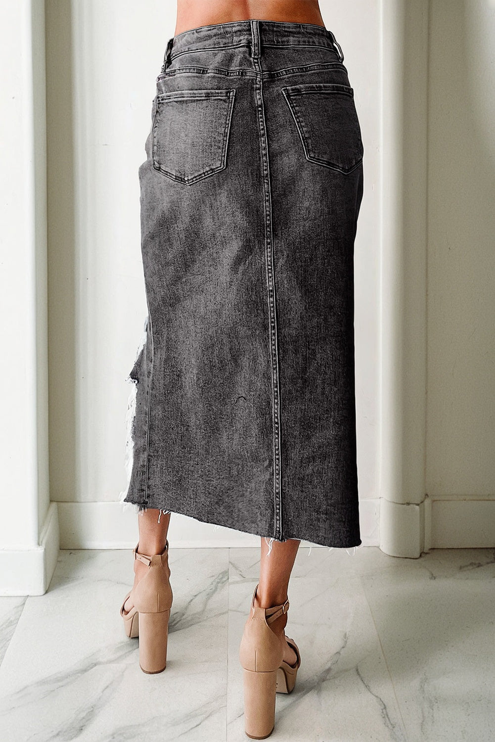 Myosotis Irregular Distressed Hem Denim Midi Skirt