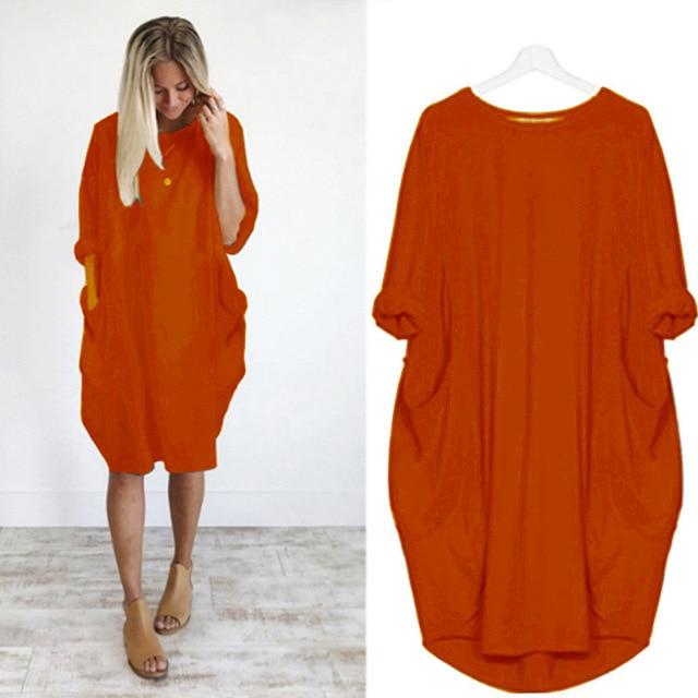 Chic Solid Round Neck Pocket Dress