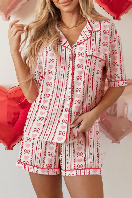 Red Cute Valentine Bow Heart Print Ribbon Decor Pajama Set