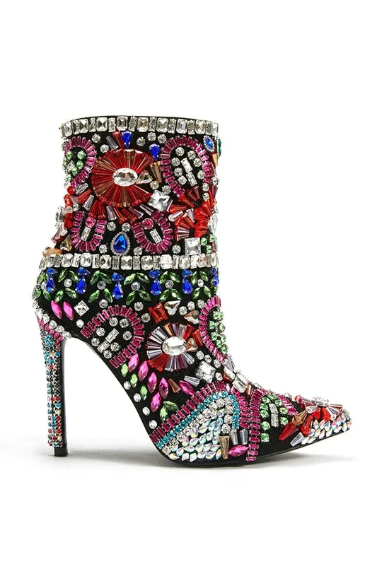 Women Pointed Toe Crystal Mid Calf Boots