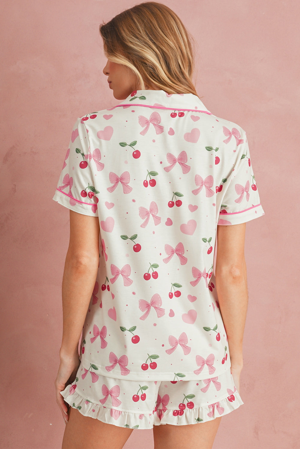 Pink Polka Dot and Bow Print Ruffle Hem Shorts Pajama Set