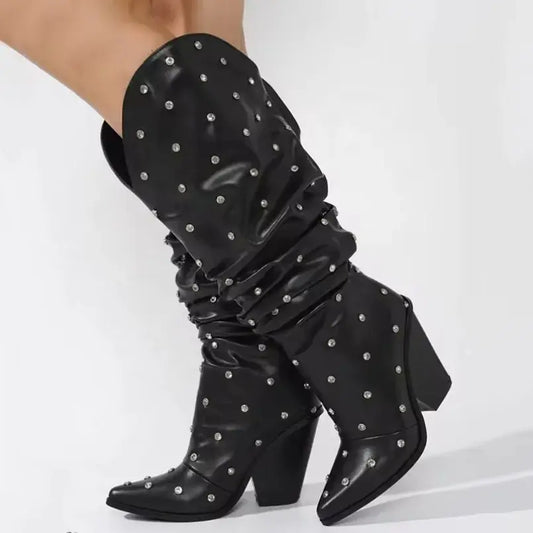 Fancy Swing Pleated Upper Long Cowboy Boots with Rhinestone