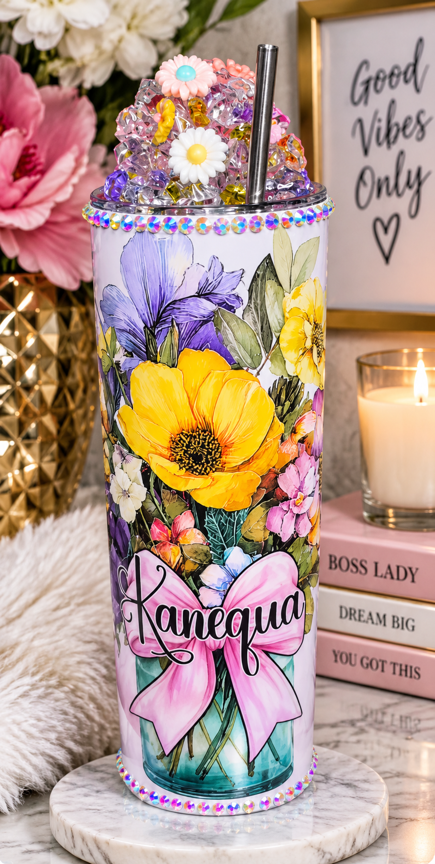 Personalized Flower & Ice Tumbler – 20oz Skinny Stainless Steel