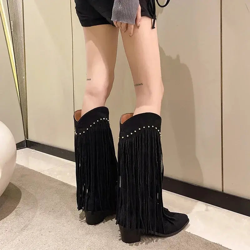 Autumn Winter Women's Pionted Toe Chunky Heel Knee High Boots with Tassels
