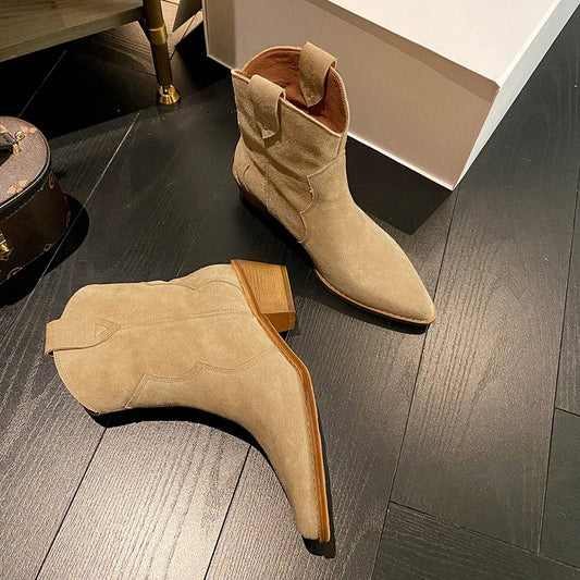 Chelsea Cow Suede Pointy Toe Wedge Heel Ankle Boots