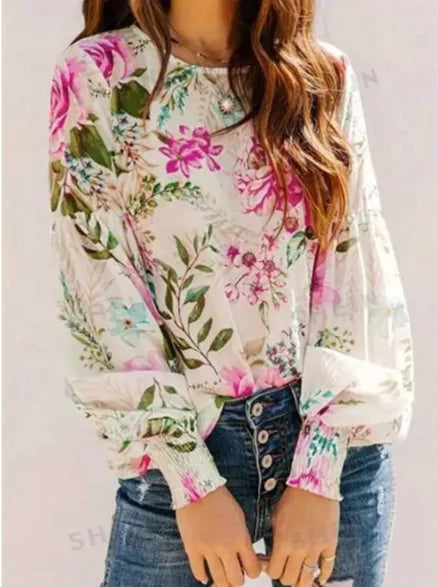 Casual Loose Long-Sleeved Floral Shirt for Women