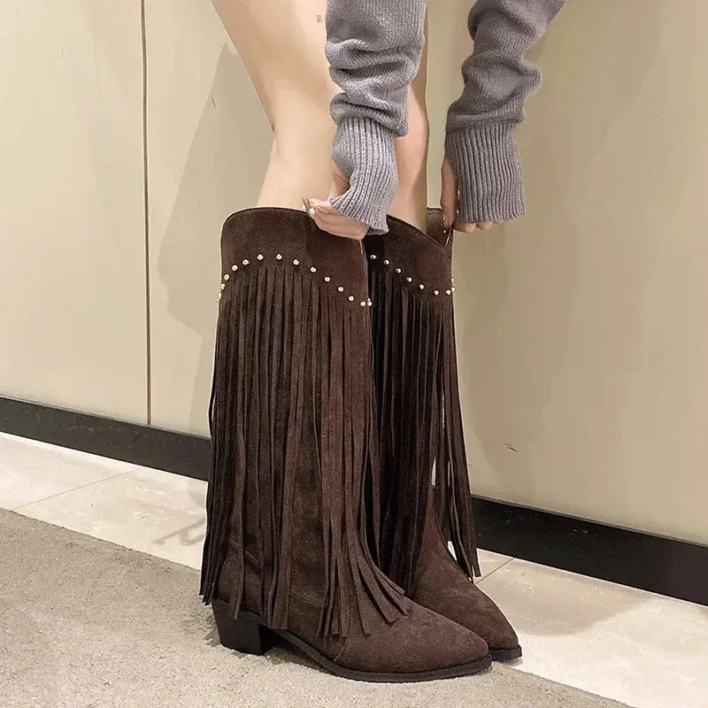 Autumn Winter Women's Pionted Toe Chunky Heel Knee High Boots with Tassels