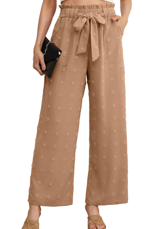 OLRIK Women's Casual Plus Size Pants High Waisted Self-tie Belted Lounge Pants Straight Long Trousers with Pockets 3X Th Khaki