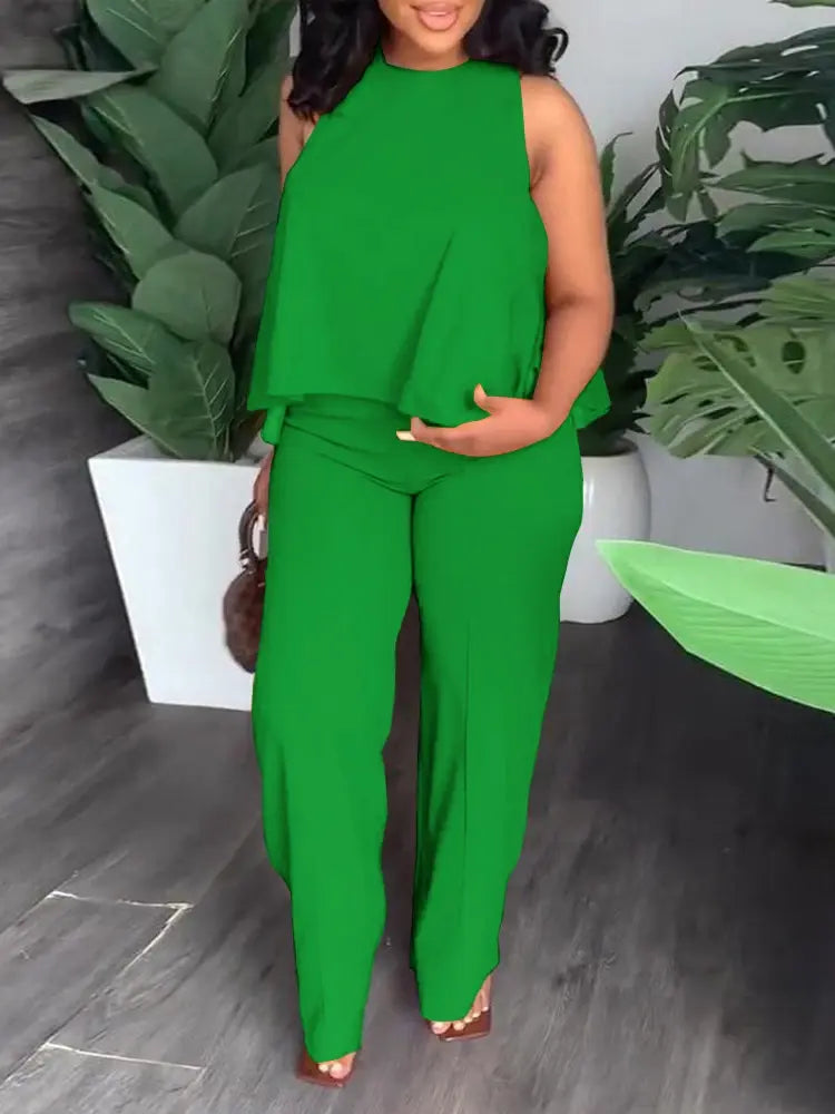Plus Size Women's Solid Round Neck Tank Top & Pants 2 Piece Set