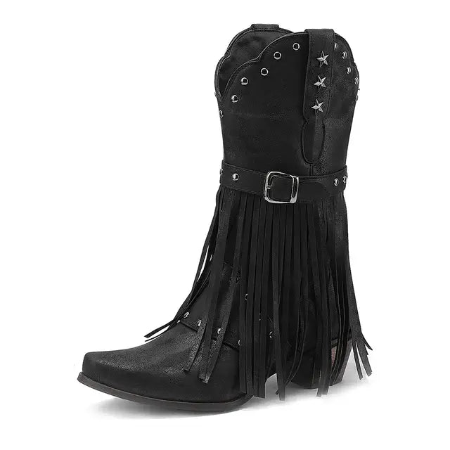 Women Vintage Ethnic Western Cowboy Boots Rivets 5cm Block Heel Boot Tassel Fringe Booties