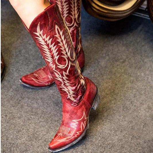 Embroidered Western Fire Cowgirl Boots with Low Heel
