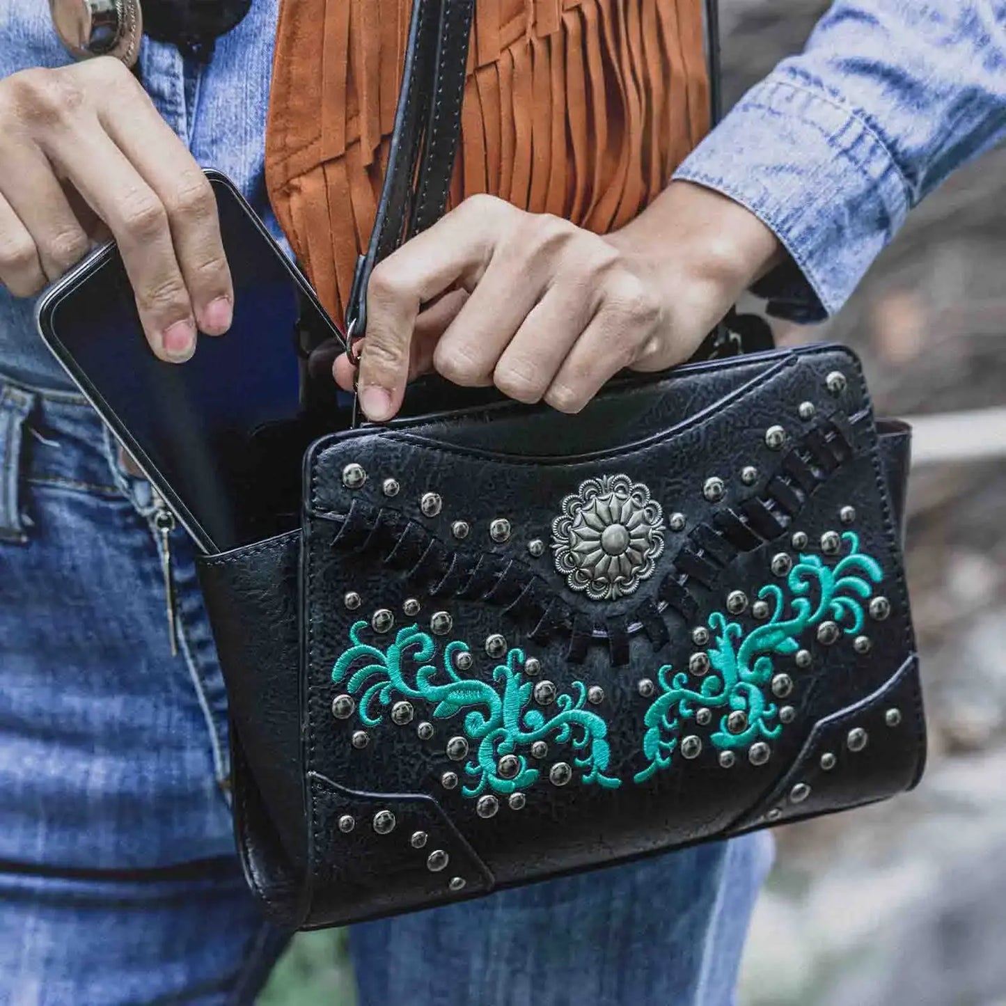 Embroidered Western Leather Purse Shoulder Bag