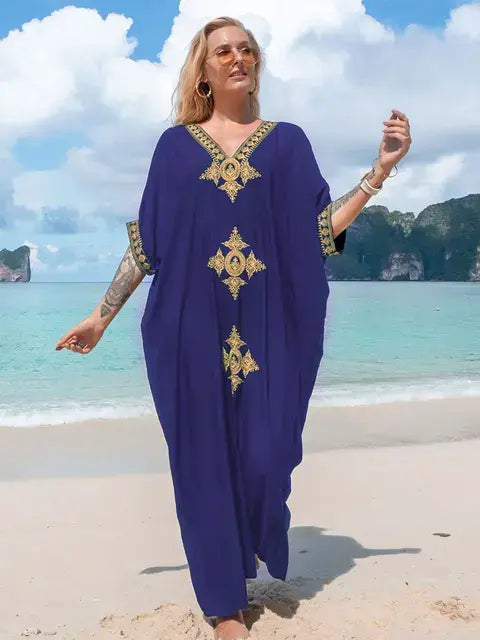 Plus Size Elegant Gold Embroidered Kaftan Retro V-neck Dress