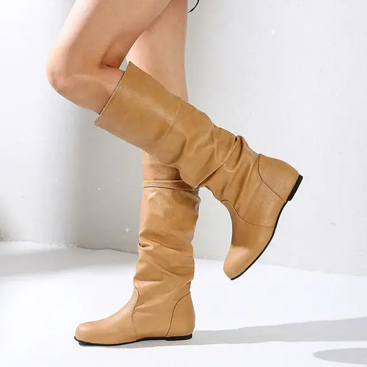 2024 Mid-Calf Boots Women Flat Shoes Spring Autumn Women High Boots Long Leather Western Cowboy Boots Women Footwear Size 35- 43