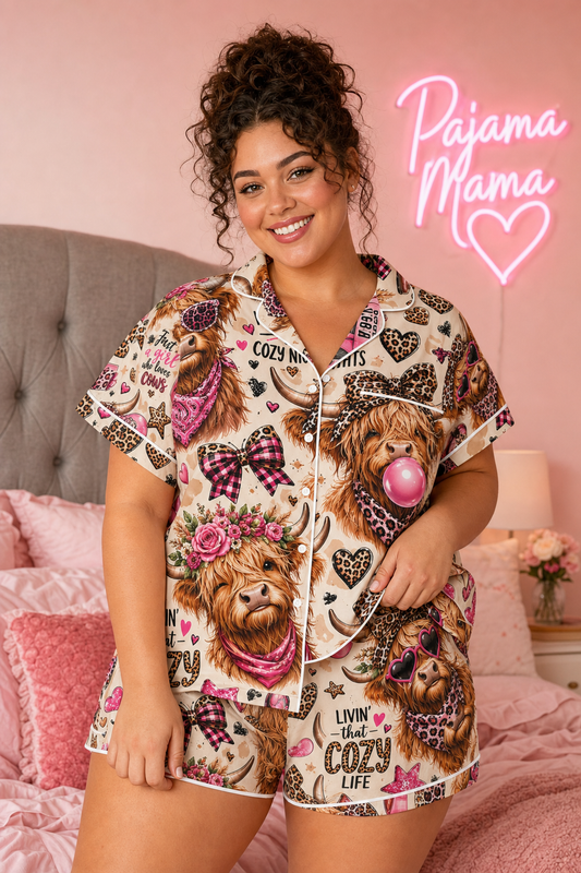 Pajama Mama Highland Chic Luxury Pajama Set worn by model - updated pink leopard highland cow print with bubblegum cow