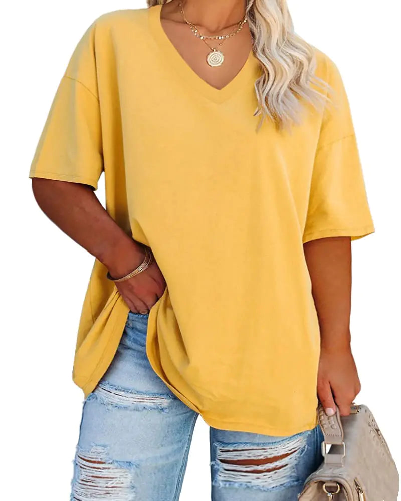 Women's Plus Size V Neck T Shirts Summer Half Sleeve Tees Casual Loose Fit Cotton Tunic Tops XX-Large Plus Khaki